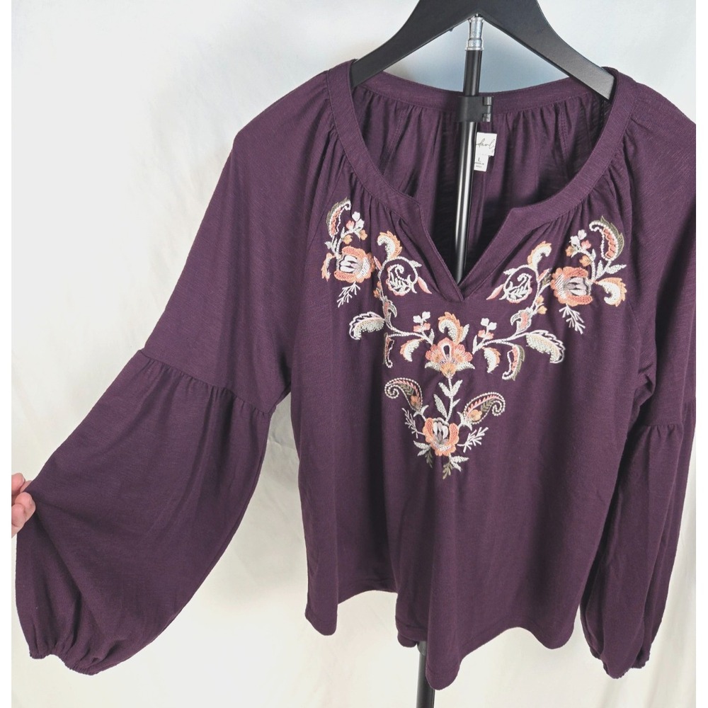 Boho Deep Plum Floral Embroidered Peasant Top Sz L Balloon Sleeve Cottagecore